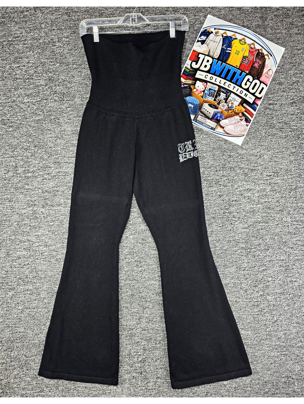 True Religion Women's Black Crystal Embellished Foldover Sweater Flare Pants M